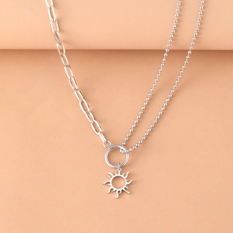 Stainless Steel Sun Totem Pendant Necklace 18K Gold Silver Plated Asymmetric Spliced Paperclip Ball Chain Women Jewelry