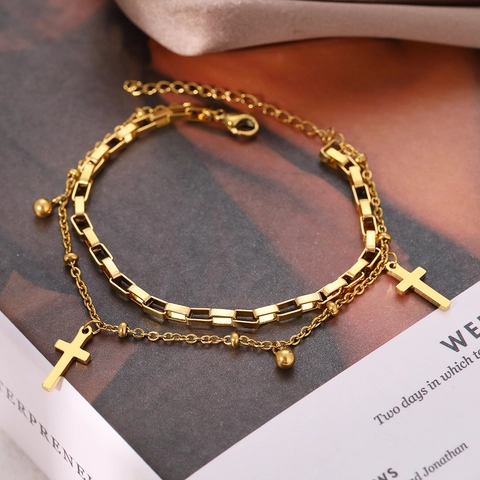 Stainless Steel Double Layer Bracelet Cross Pendant Square Link Bead Chain Adjustable Jewelry For Women Fashion OL Style
