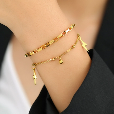 Bracciale A Doppio Strato In Acciaio Inossidabile Con Ciondoli A Fulmine E Perle Catena Box Regolabile Gioielli Da Donna