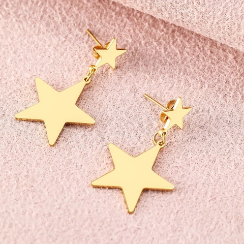 Roestvrijstalen Dubbele Ster Hangoorbellen Gepolijste Pentagram Drop Sieraden Voor Vrouwen Mode Minimalistisch Cool