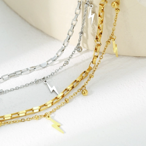 Bracciale A Doppio Strato In Acciaio Inossidabile Con Ciondoli A Fulmine E Perle Catena Box Regolabile Gioielli Da Donna