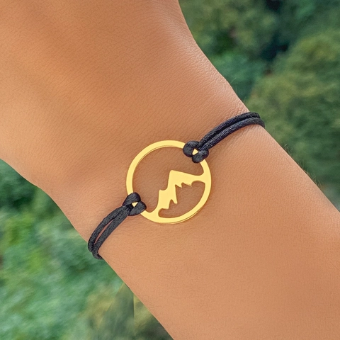 Minimalist Woven Rope Bracelet With Stainless Steel Hollow Mountain Peak Pendant Adjustable Black Hand String For Men And Women