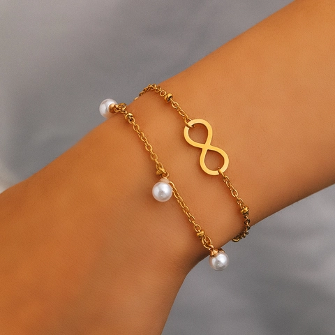 Stainless Steel Double Layer Bracelet With Infinity Symbol And Faux Artificial Pearls Adjustable Chain For Women Elegant Jewelry