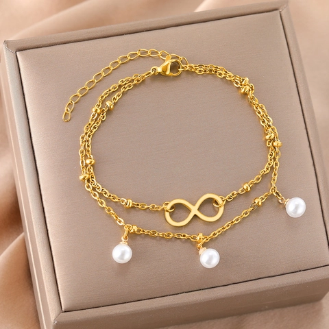 Pulsera De Doble Capa De Acero Inoxidable Con Símbolo De Infinito Y Perlas Artificiales De Imitación Cadena Ajustable Para Mujer Joyería Elegante