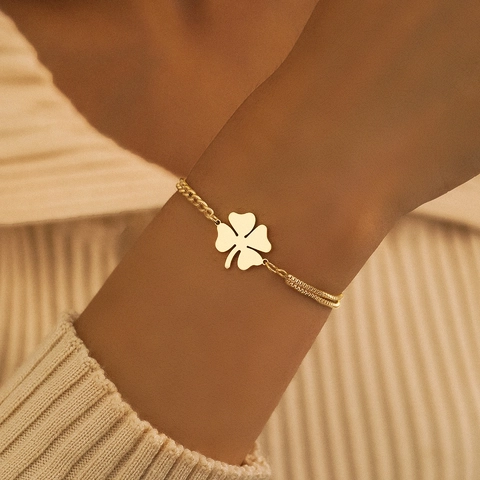 Bracciale Con Ciondolo Quadrifoglio Acciaio Inossidabile Catena Asimmetrica Chiusura A Moschettone Regolabile Gioielli Eleganti