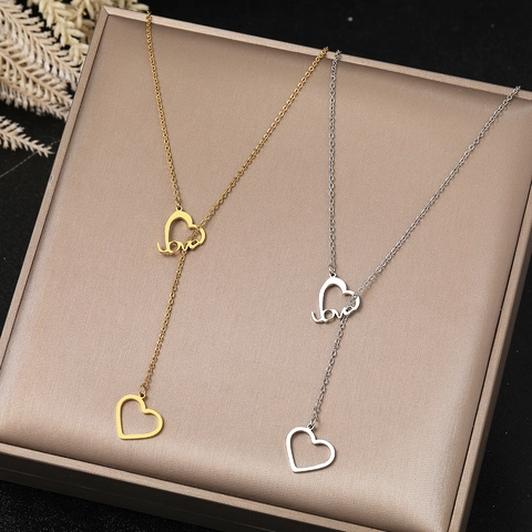 Edelstahl Doppel Herz Y-Förmige Halskette Mit Love Buchstaben Anhänger Eleganter Romantischer Schmuck Für Damen