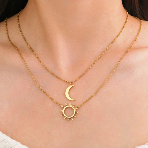 Stainless Steel Double Layer Necklace With Crescent Moon And Hollow Sunburst Pendants Celestial Jewelry For Women