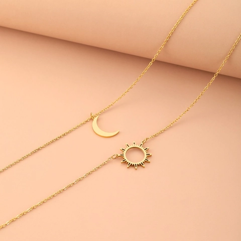 Stainless Steel Double Layer Necklace With Crescent Moon And Hollow Sunburst Pendants Celestial Jewelry For Women