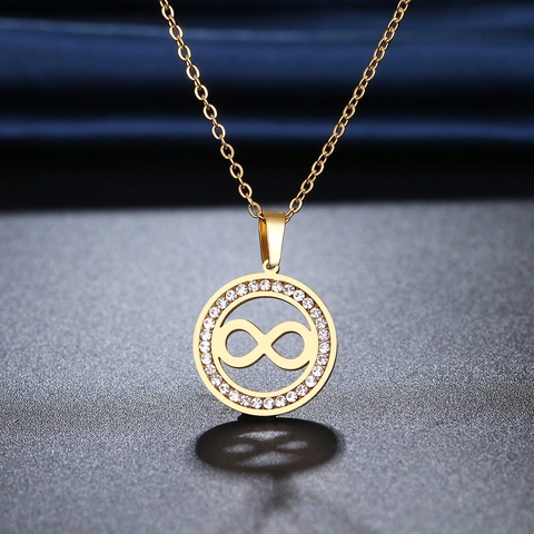 Collier Pendentif Rond Creux Symbole Infini Acier Inoxydable Plaqué Or 18K Zircon Incrusté Chaîne Clavicule Pour Femmes