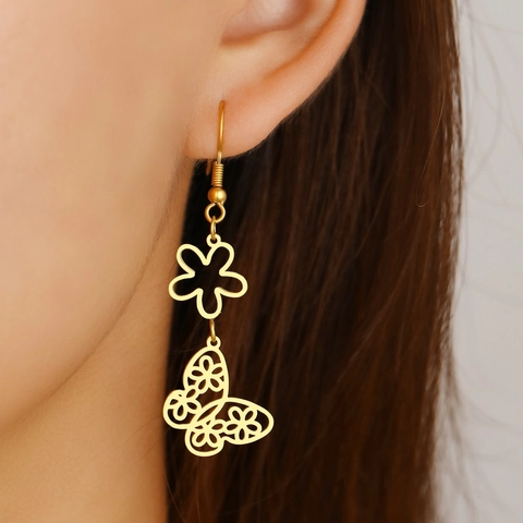 Hohl Schmetterling Tropfen Ohrringe Edelstahl Blumen Anhänger Haken Schmuck Für Frauen Elegant Ins Stil