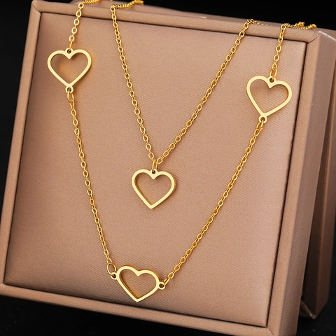 Collana Stratificata Con Pendente A Cuore Cavo Acciaio Inossidabile Elegante Catena Da Clavicvola Donna