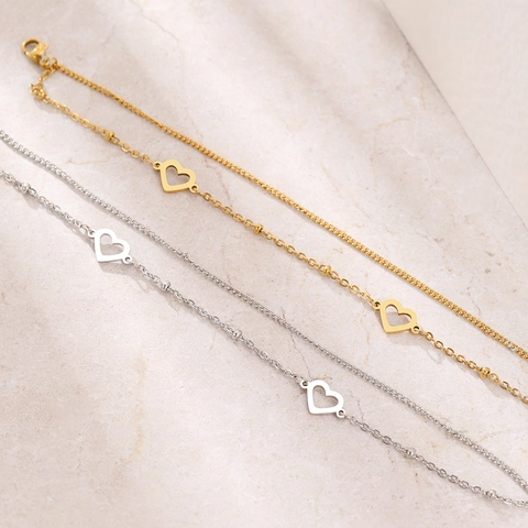 Layered Heart Bracelet Stainless Steel Hollow Out Charms Beaded Chain Adjustable For Women Fashion Jewelry