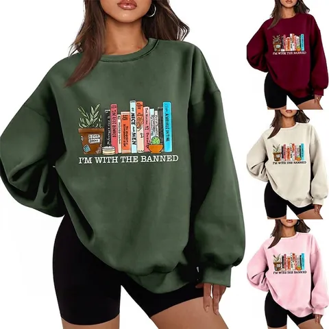 Felpa Donna Misto Cotone Girocollo Manica Lunga Oversized Pullover Stampa Libri Letterari Slogan Casual Caldo Spesso