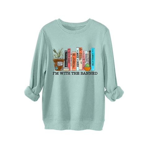 Felpa Donna Misto Cotone Girocollo Manica Lunga Oversized Pullover Stampa Libri Letterari Slogan Casual Caldo Spesso
