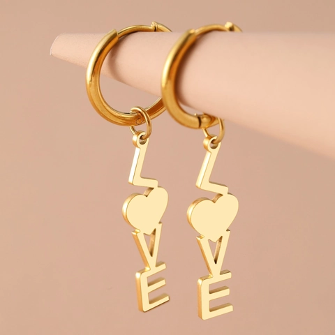 Pendientes De Aro Con Colgante De Corazón Y Alfabeto LOVE Para Mujer Acero Inoxidable Joyas Retro