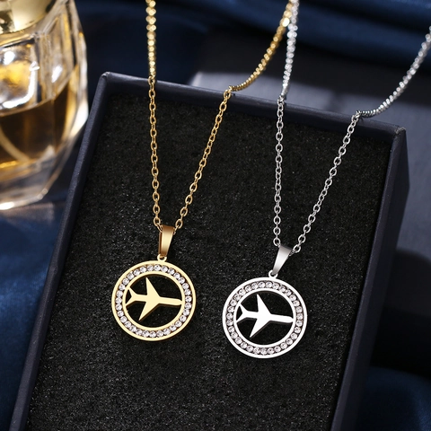 Vliegtuig Hanger Ketting Roestvrij Staal Minimalistisch Reizen Luchtvaart Zirkonia Ronde Halo Sieraden Voor Vrouwen