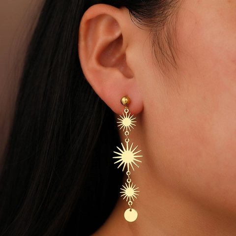 Boucles D'oreilles Pendantes En Acier Inoxydable Soleil Boho Triple Éclat Géométrique Disque Rond Style Vintage Femmes