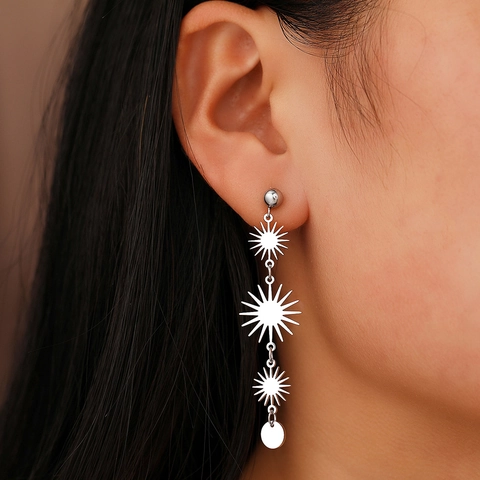 Boucles D'oreilles Pendantes En Acier Inoxydable Soleil Boho Triple Éclat Géométrique Disque Rond Style Vintage Femmes