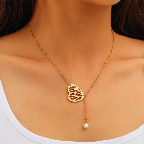 Collar Con Colgante De Ala De Mariposa Acero Inoxidable Corazón Hueco Perla Artificial Forma Y Lariat Joyería Elegante Para Mujer