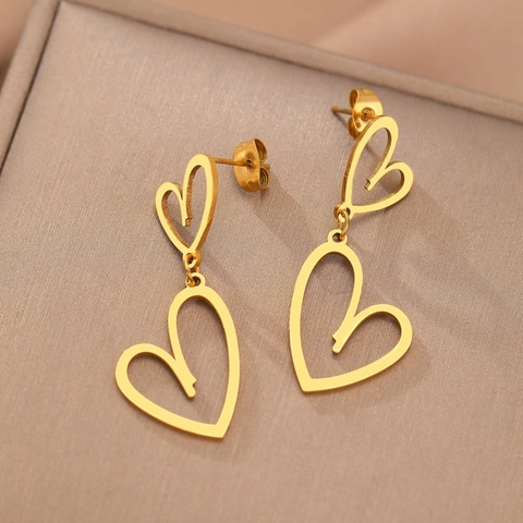 Orecchini Pendenti A Doppio Cuore In Acciaio Inossidabile Pendente Geometrico Cavo Gioielli Di Moda Per Donna Quotidiano