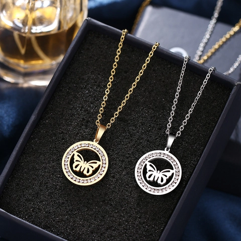 Collana Con Pendente A Farfalla Cava Con Catena In Acciaio Inossidabile Cerchio In Pavé Di Strass Gioielli Da Donna