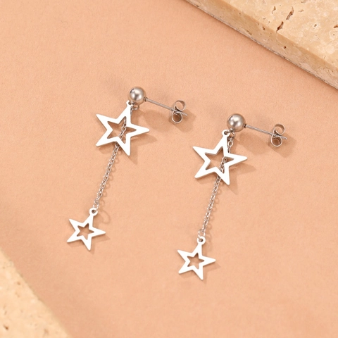 Roestvrijstalen Ster Hangoorbellen Holle Dubbele Vijfpuntige Ster Kwastje Druppel Minimalistische Mode Sieraden Voor Dames