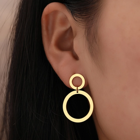 Geometric Double Round Circle Dangle Earrings For Women Polished Stainless Steel Gold Plated Retro Minimalist Accessory