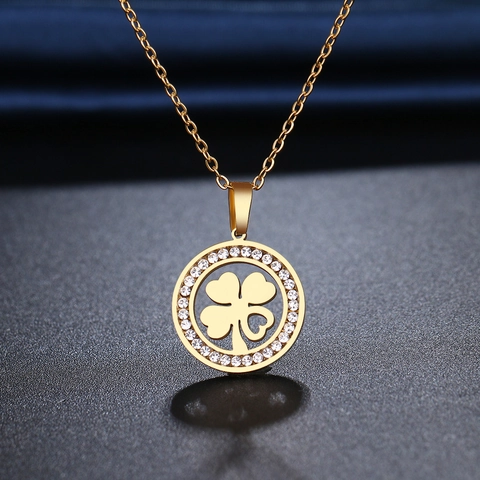 Collana Quadrifoglio Acciaio Inossidabile Ciondolo Tondo Traforato Strass Scintillanti Gioielli Portafortuna Donna Moda