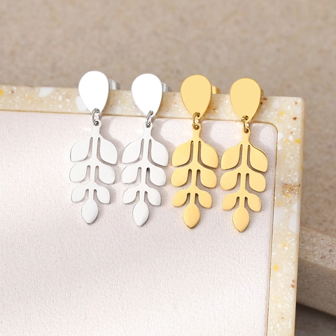 Pendientes Colgantes De Hoja De Acero Inoxidable Para Mujer Moda Retro Rama Irregular Joyería Elegante