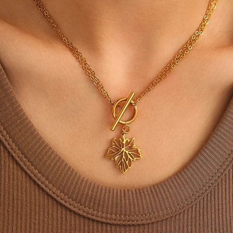 Stainless Steel Necklace Hollow Maple Leaf Pendant Toggle Clasp Layered Minimalist Retro Trendy Jewelry For Women