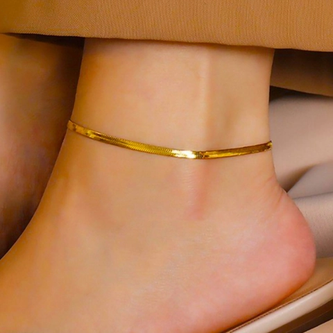 Flache Schlangenkette Fußkettchen Edelstahl Vergoldet Fischgrätenmuster Fußschmuck Verstellbar Minimalistisch Damen