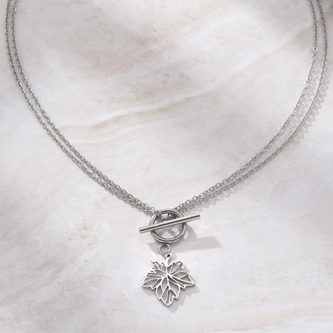Stainless Steel Necklace Hollow Maple Leaf Pendant Toggle Clasp Layered Minimalist Retro Trendy Jewelry For Women