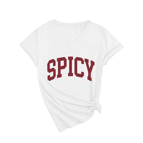 Women V Neck Short Sleeve T-Shirt Cotton Blend Spicy Letter Print Casual Vintage Loose Fit Knot Hem Top