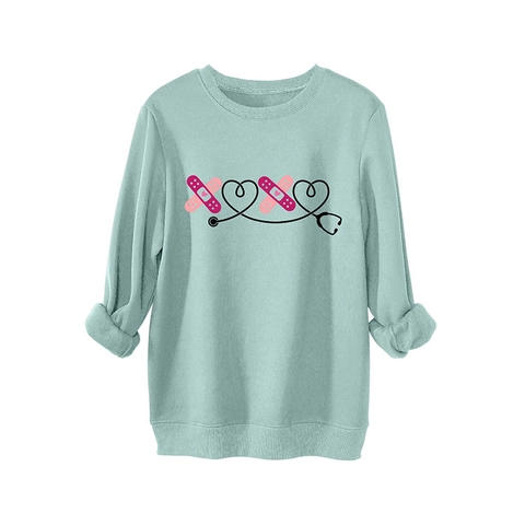 Damen Sweatshirt Rundhals Langarm Oversized Pullover Stethoskop Herz Verband Grafikdruck Lässig Fleece Top