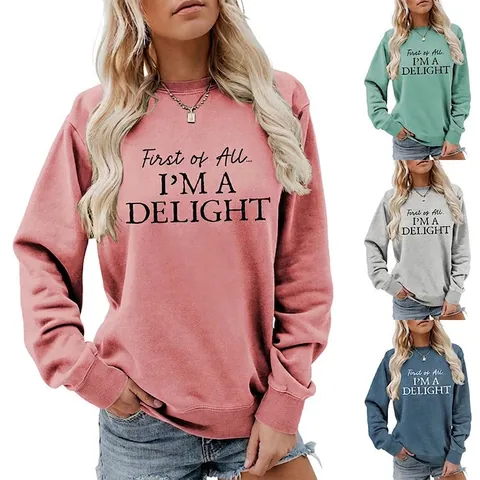 Damen Casual Sweatshirt mit Buchstaben-Druck Langarm Rundhals-Pullover Top mit I'M A DELIGHT Slogan Locker Geschnitten Baumwollmischung