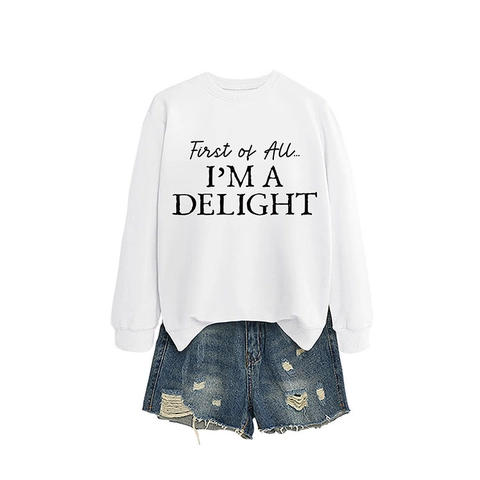Damen Casual Sweatshirt mit Buchstaben-Druck Langarm Rundhals-Pullover Top mit I'M A DELIGHT Slogan Locker Geschnitten Baumwollmischung