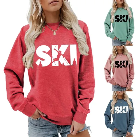 Damen Sweatshirt Rundhals Langarm Baumwollmischung SKI Grafikdruck Lässiges Pullover Oberteil Winter Mode