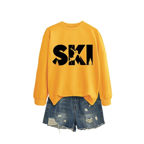 Damen Sweatshirt Rundhals Langarm Baumwollmischung SKI Grafikdruck Lässiges Pullover Oberteil Winter Mode