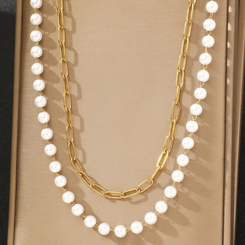Elegant Double Layer Waist Chain Stainless Steel Imitation Artificial Pearl Belly Body Chain For Women Bohemia Beach Style Gold Plated
