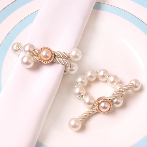 Elegant Handmade Artificial Pearl Napkin Ring Alloy Beaded Buckle Holder For Dining Table Wedding Party Decoration