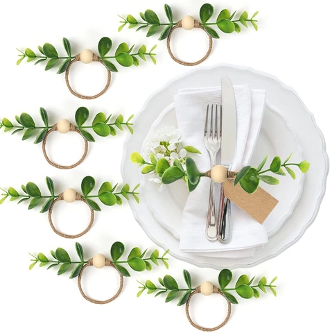 Portatovaglioli Fatti a Mano in Foglia di Eucalyptus Con Perle di Legno Corda di Canapa Decorazioni Tavola per Matrimonio