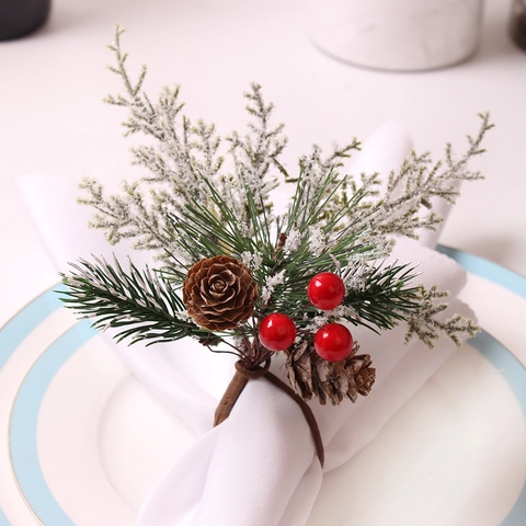 Christmas Cedar Red Berry Napkin Ring With Natural Pine Cones Snow Flocked Pine Needles Holiday Festive Table Decoration
