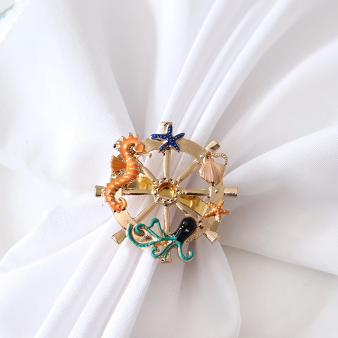 Ocean Theme Napkin Rings Alloy Gold Plated Enamel Seahorse Starfish Octopus Helm For Table Decor Hotel Dinner Party