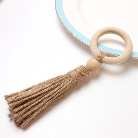 Bohemian Wood Bead Napkin Rings With Jute Tassels Rustic Handmade Wooden Napkin Holders For Wedding Party Dining Table Decor