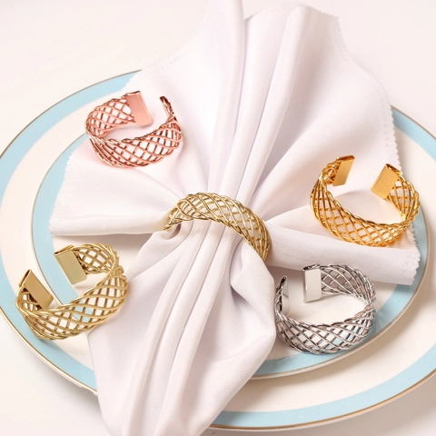Modern Iron Hollow Mesh Woven Napkin Rings Gold Silver Napkin Holders For Wedding Banquet Hotel Table Decoration