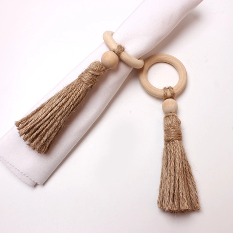 Bohemian Wood Bead Napkin Rings With Jute Tassels Rustic Handmade Wooden Napkin Holders For Wedding Party Dining Table Decor