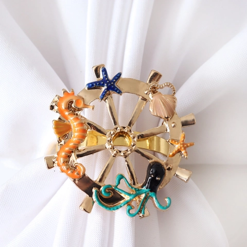 Ocean Theme Napkin Rings Alloy Gold Plated Enamel Seahorse Starfish Octopus Helm For Table Decor Hotel Dinner Party