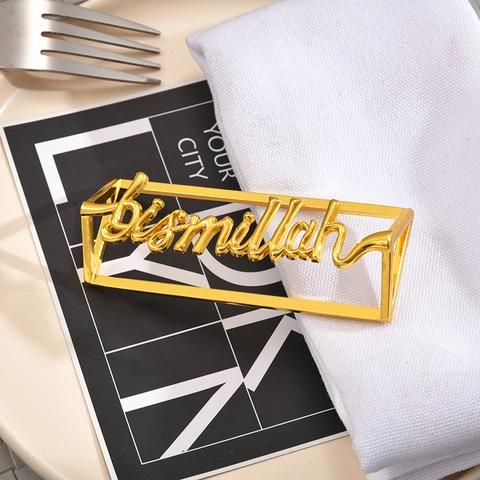 Bismillah Gouden Zinklegering Letter Servetring Creatieve Metalen Servetgesp Voor Banket Bruiloft Religieuze Tafeldecoratie