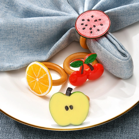 Ronds De Serviette Créatifs En Résine Simulation Nourriture Et Fruits Avec Base Bois Pour Décoration De Table De Banquet