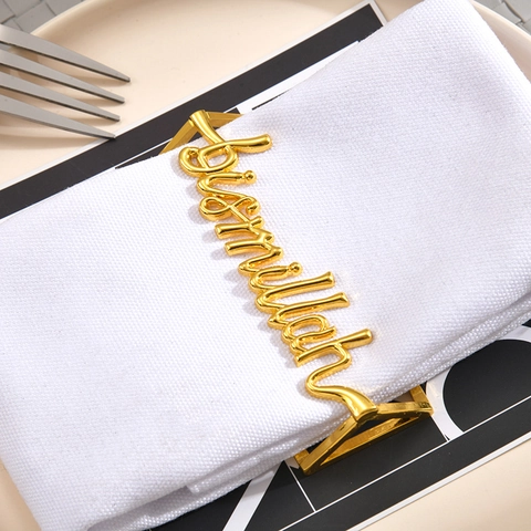 Bismillah Gouden Zinklegering Letter Servetring Creatieve Metalen Servetgesp Voor Banket Bruiloft Religieuze Tafeldecoratie